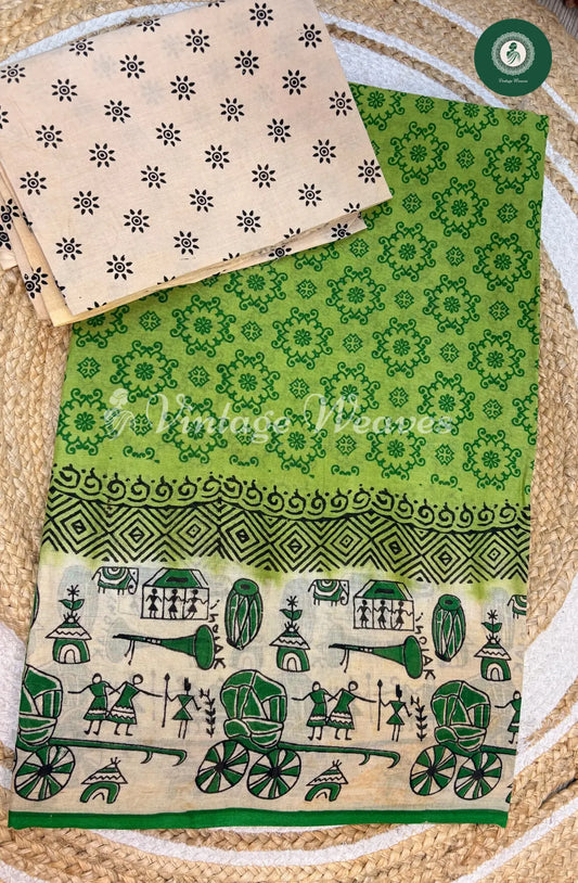 Printed Cotton Saree with Cart Border-Green