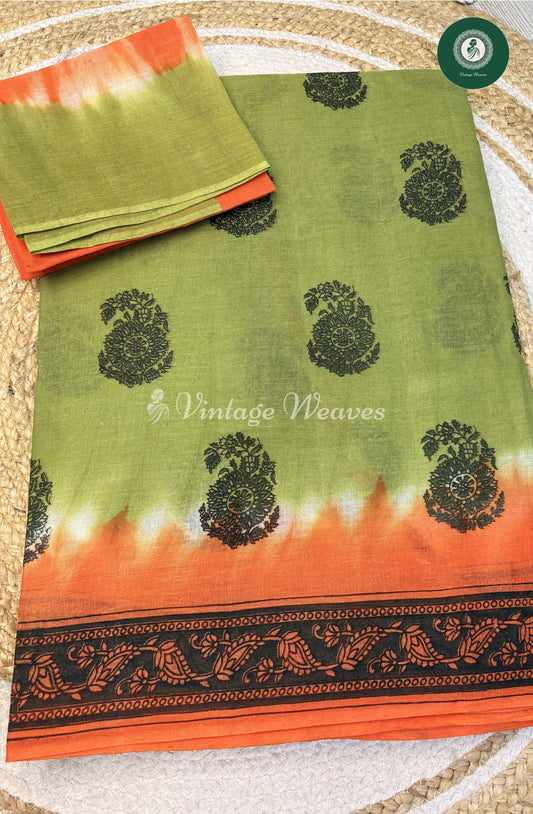 Printed Flower Cotton Saree-GreenWithOrange