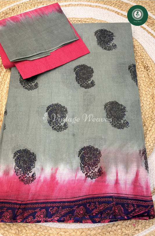 Printed Flower Cotton Saree-GreyWithPink