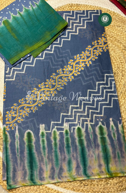 Pure Cotton Printed Saree-Blue