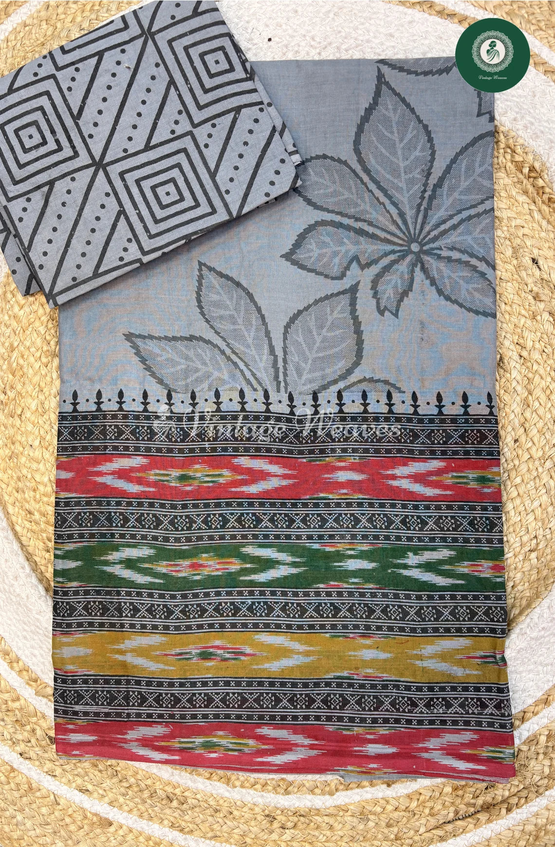 Pure Cotton Saree Ikkat Print-Grey