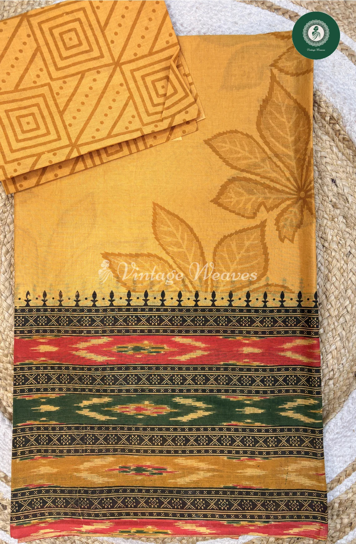 Pure Cotton Saree Ikkat Print-Yellow