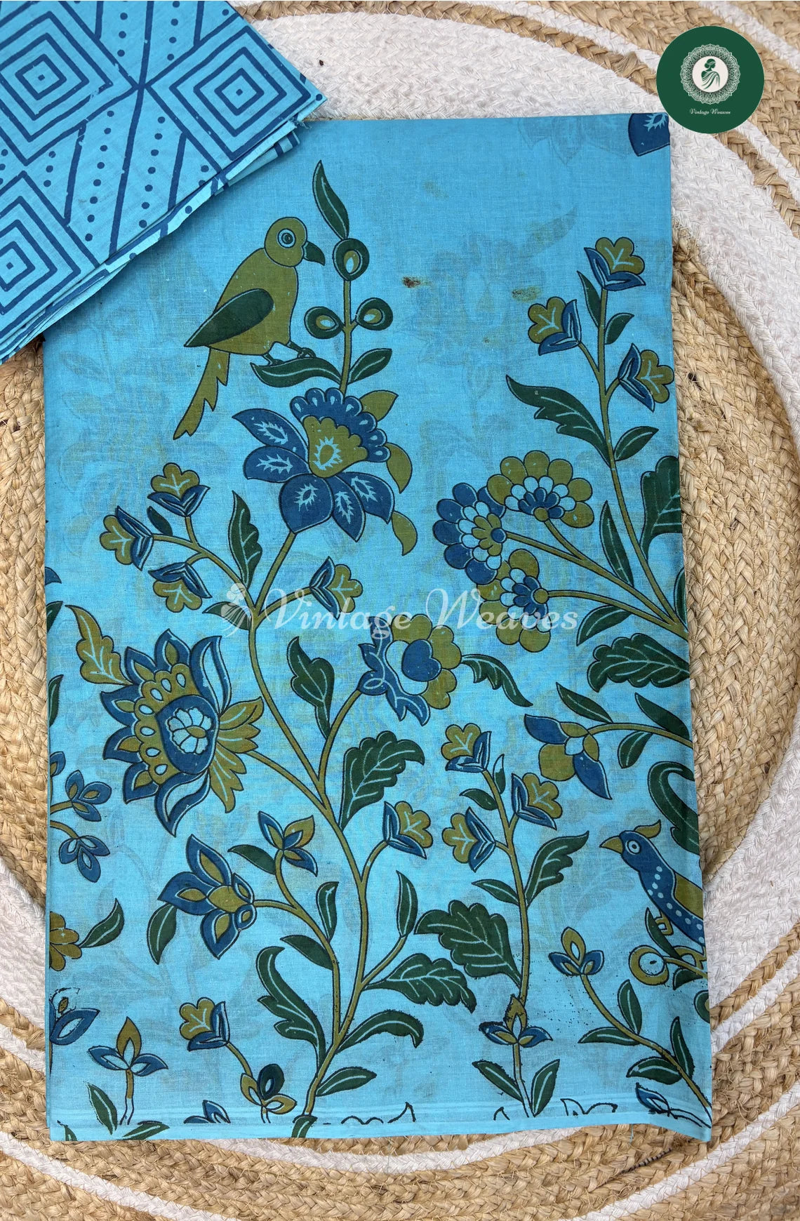 Pure Cotton Saree Kalamkari Print-Blue