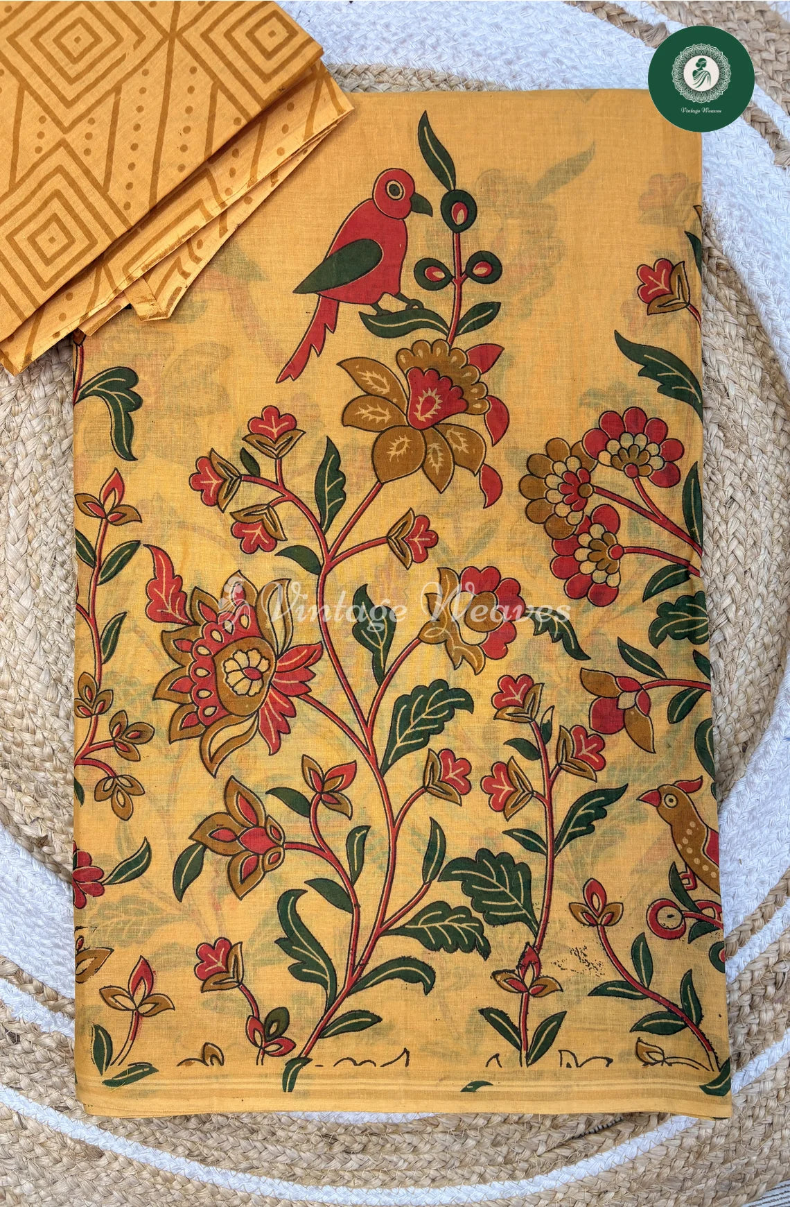 Pure Cotton Saree Kalamkari Print-Yellow
