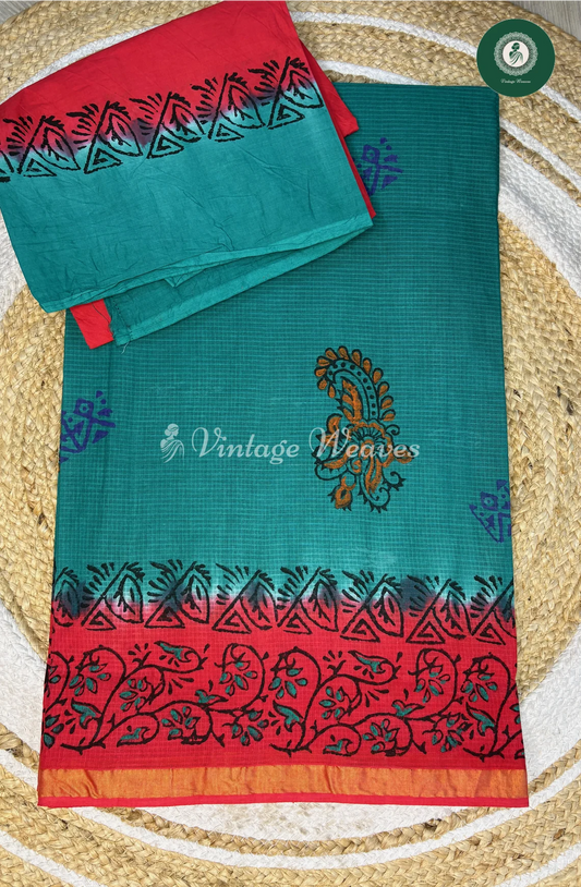 Pure Cotton Saree with ZariBorder -SkyBlue WithPink