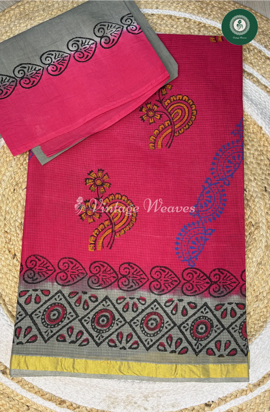 Pure Cotton Saree with ZariBorder FlowerPrint-Pink With Grey