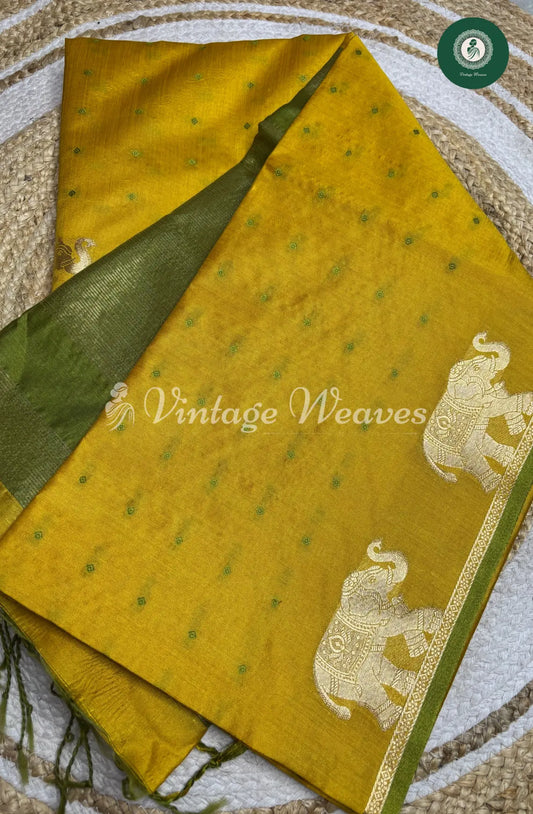 Raw Silk Saree With Elephant Motif - Yellow and Green
