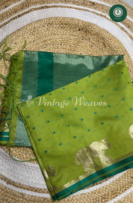 Raw Silk Saree With ElephantMotif-Parrotgreen with DarkGreen