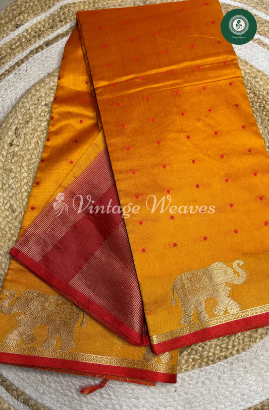 Raw Silk Saree With Elephant Motif - Yellow with Red