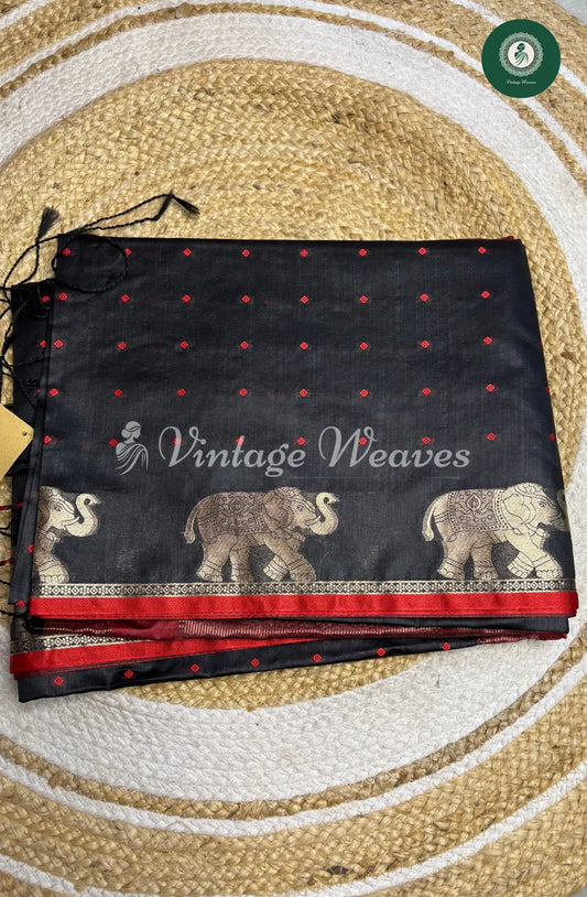 Raw Silk Saree With Elephant Motif - Black and Red