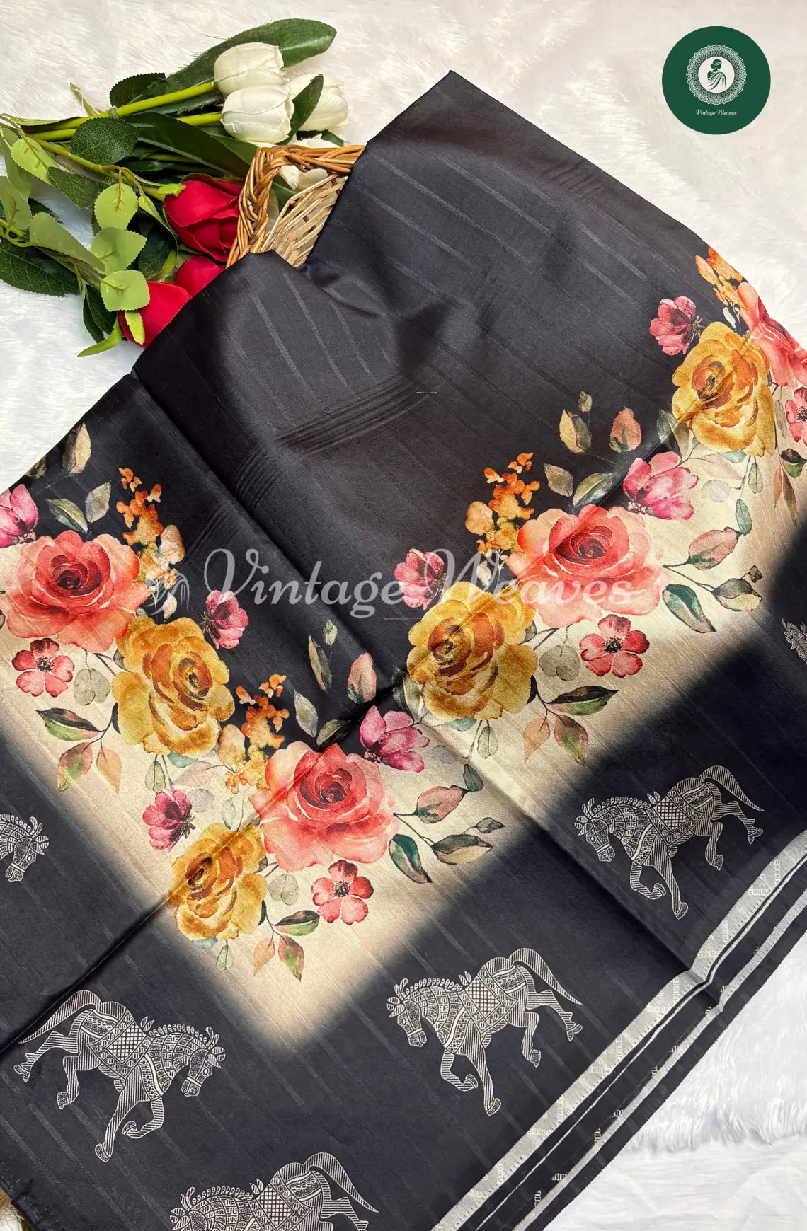 Royal Black Semi Tusser Saree with vibrant Floral and Horse