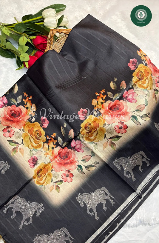 Royal Black Semi Tusser Saree with vibrant Floral and Horse