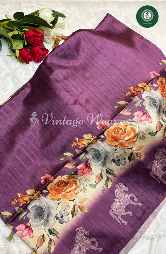 RoyalPurple SemiTusser Saree with Floral and Horse Motif