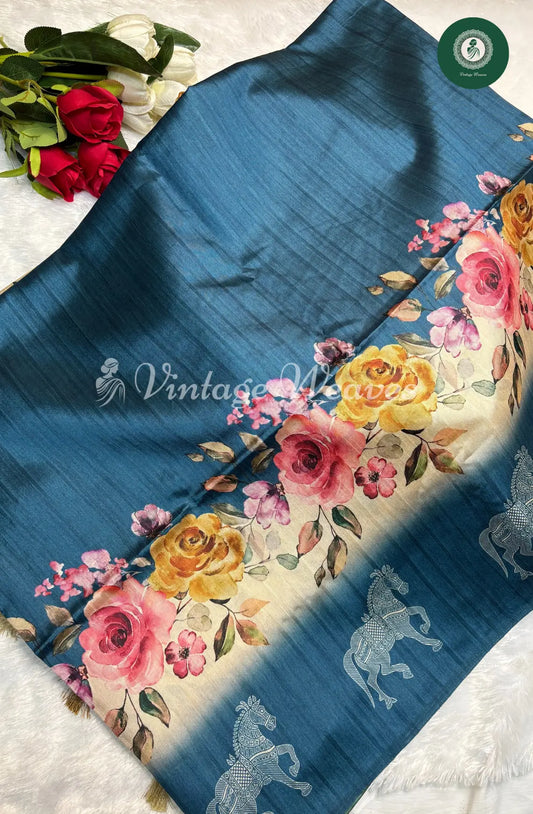 Royal TealBlue SemiTusser Saree with Floral and Horse motif