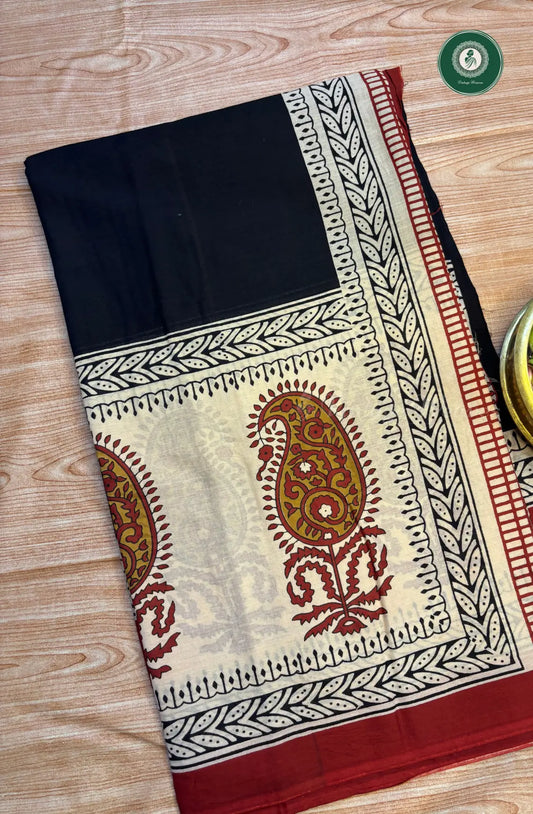 Screen Printed Pure Mul Cotton Saree-black