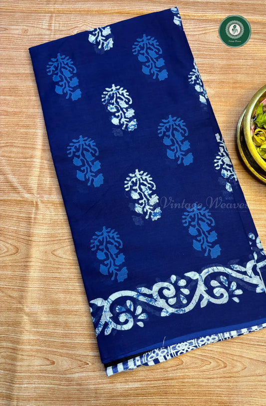 Screen Printed Pure Mul Cotton Saree-blue