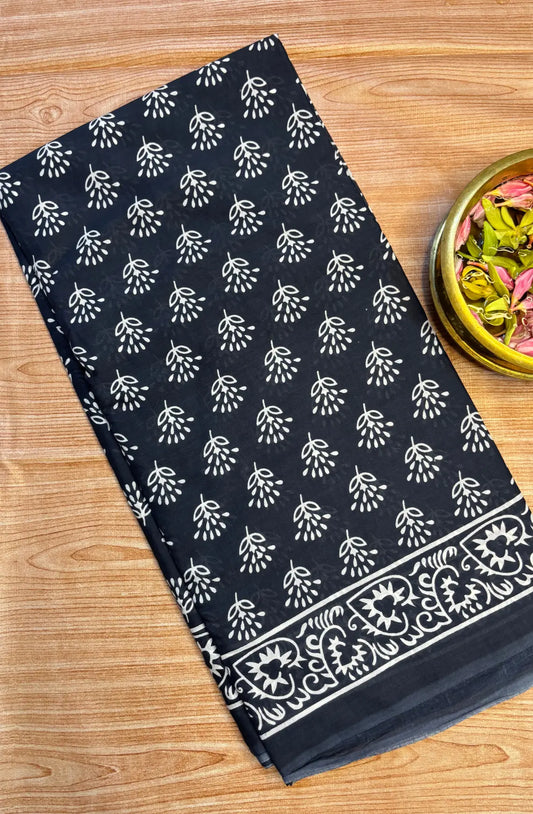 Screen Printed Pure Mul Cotton Saree-darkblue