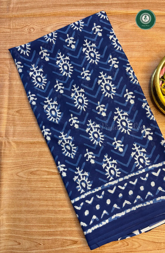 Screen Printed Pure Mul Cotton Saree-indigo