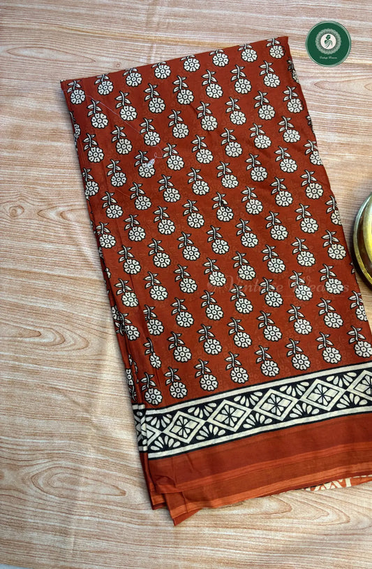 Screen Printed Pure Mul Cotton Saree-marron