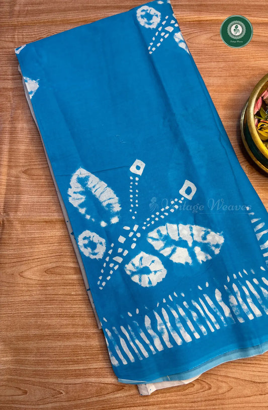 Screen Printed Pure Mul Cotton Saree-skyblue