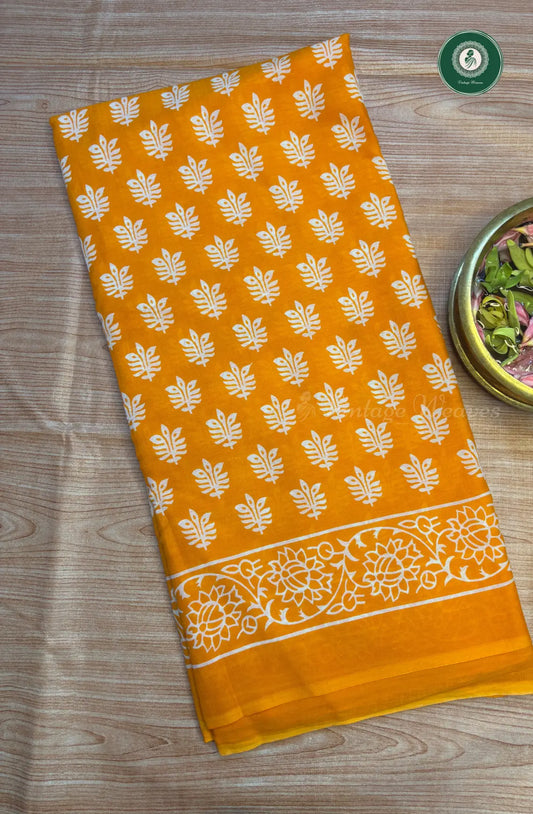 Screen Printed Pure Mul Cotton Saree-yellow
