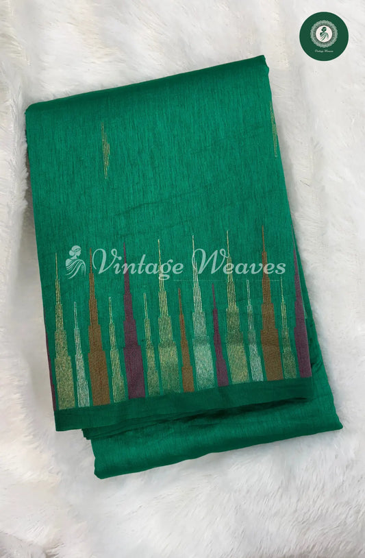 Semi Banarasi Temple Border Saree-DarkGreen