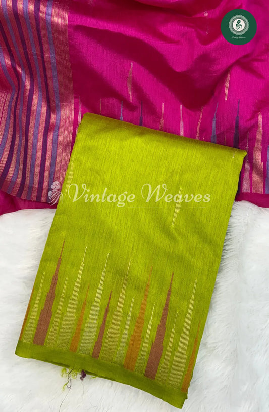 Semi Banarasi Temple Border Saree-Fluorescent Green
