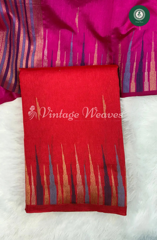 Semi Banarasi Temple Border Saree-Red