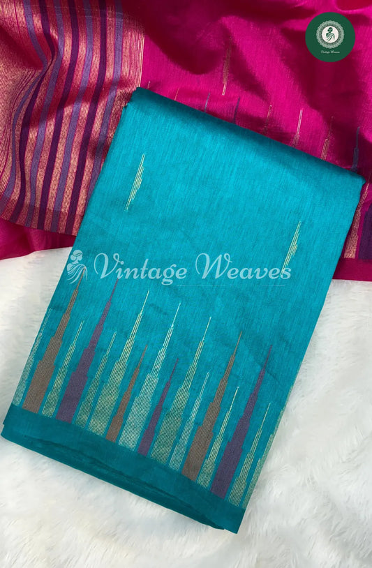 Semi Banarasi Temple Border Saree-Teal Blue
