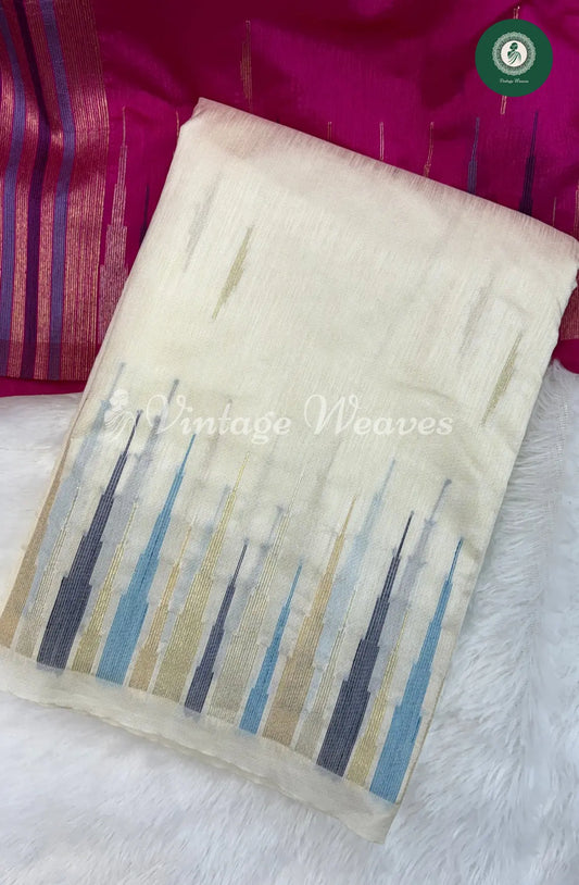 Semi Banarasi Temple Border Saree-White