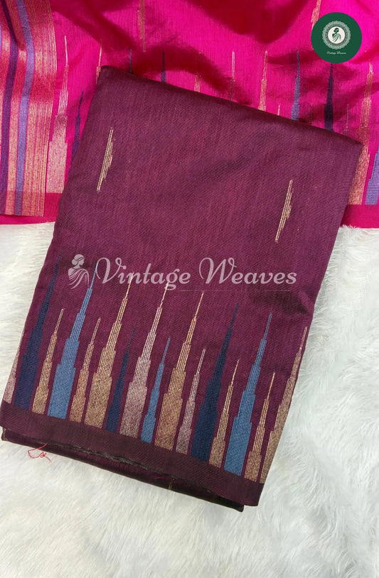 Semi Banarasi Temple Border Saree-Wine