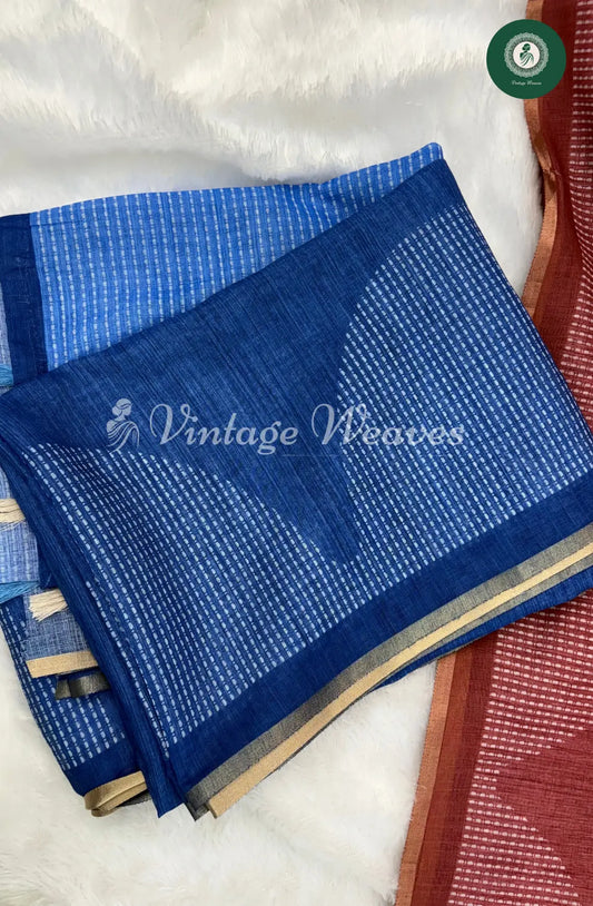 Semi Linen Saree With Semi Circle Border-Blue