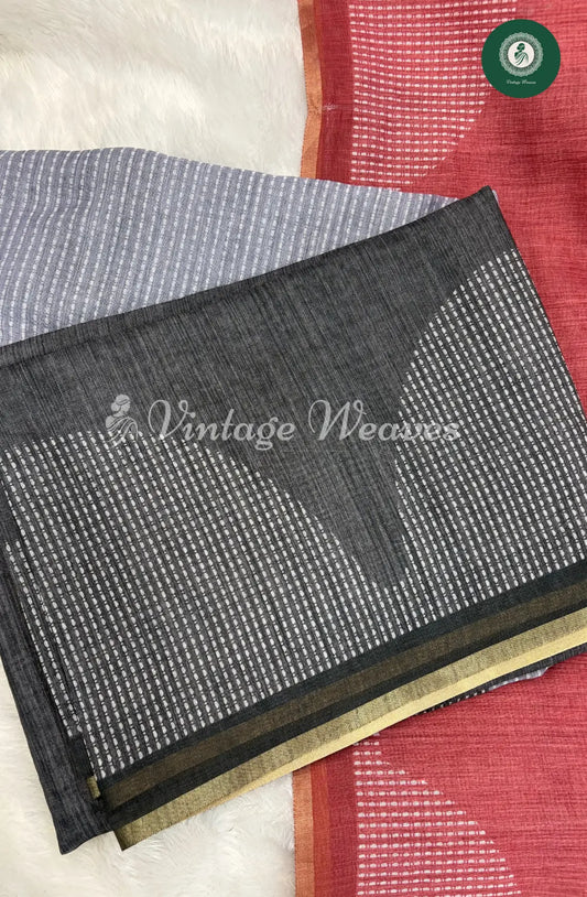 Semi Linen Saree With Semi Circle Border-DarkGrey
