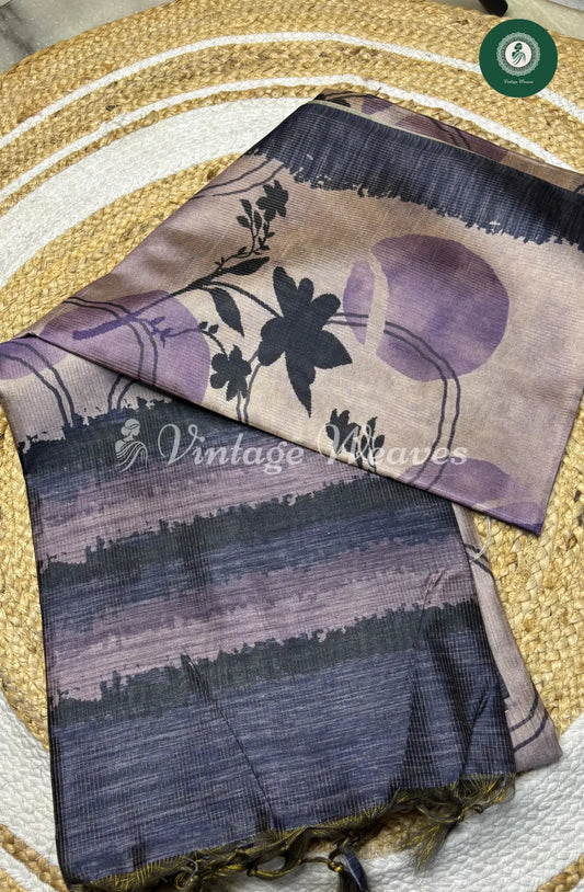 Semi Tusser Floral Printed Saree-Purple with Black