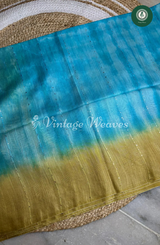 Semi Tusser Saree - Blue with Green border and Pallu