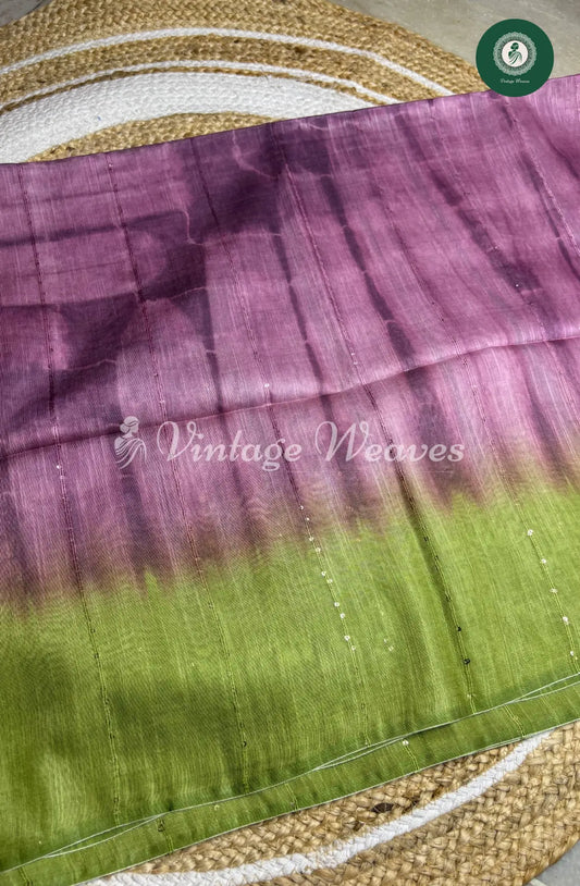 Semi Tusser Saree - Purple with Green border and Pallu