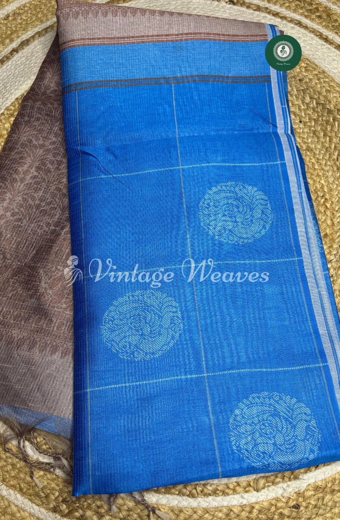 Semi Tusser Silk Saree With Contrast Pallu-Blue