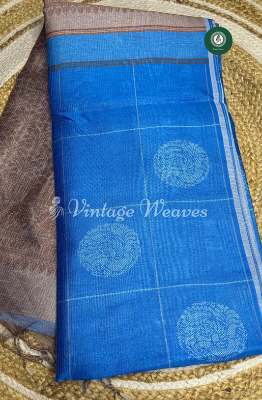 Semi Tusser Silk Saree With Contrast Pallu-Blue