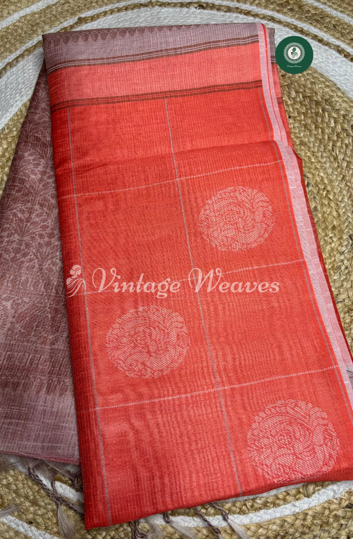 Semi Tusser Silk Saree With Contrast Pallu-Orange