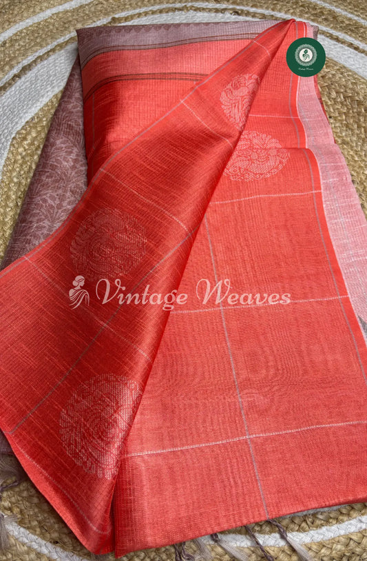 Semi Tusser Silk Saree With Contrast Pallu-Orange