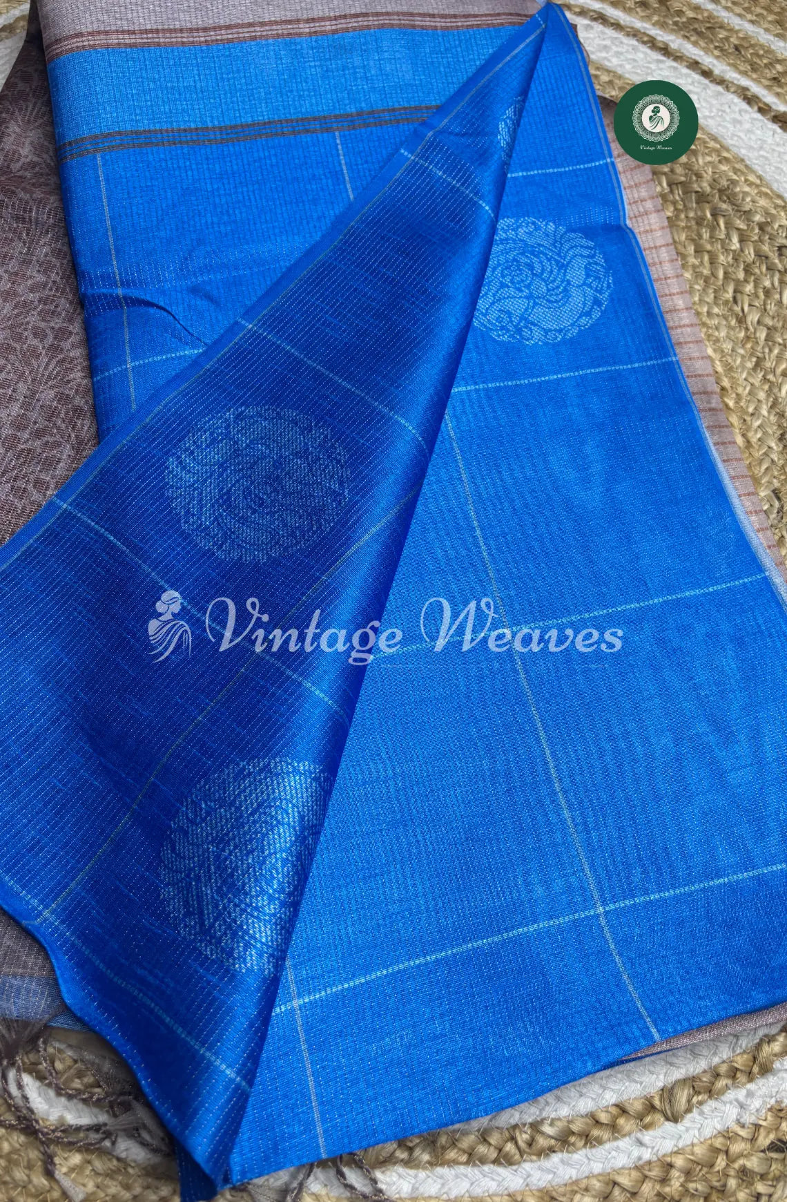Semi Tusser Silk Saree With Contrast Pallu-Blue