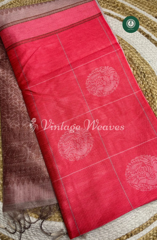Semi Tusser Silk Saree With Contrast Pallu-Peach