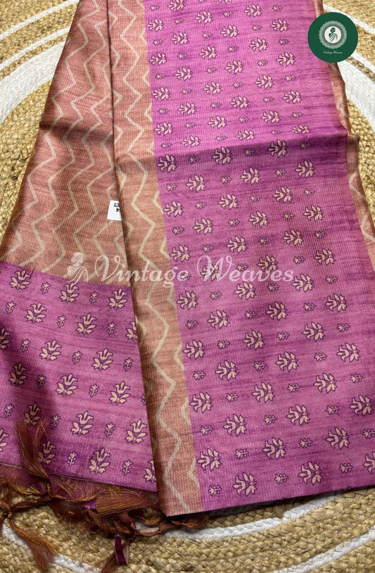 Semi Tusser ZigZag Floral Printed Saree-Brown with Pink