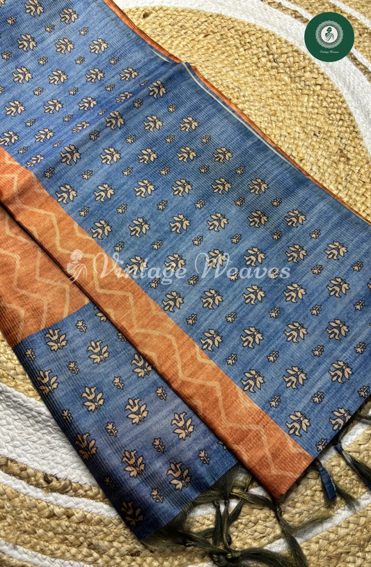 Semi Tusser ZigZag Floral Printed Saree-Brown with Tealblue