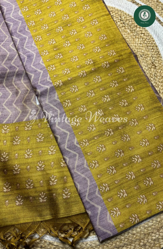Semi Tusser ZigZag Floral Printed Saree-Cement with Green
