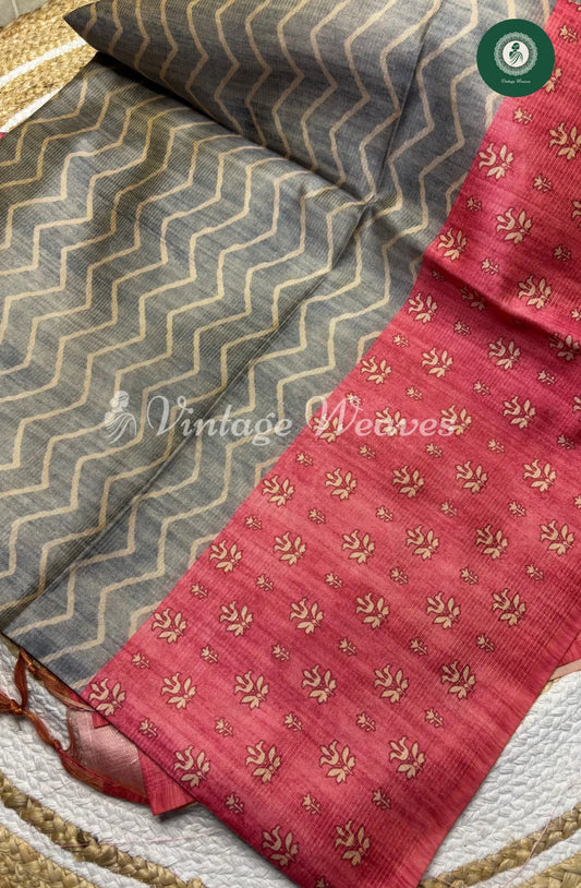 Semi Tusser ZigZag Floral Printed Saree-Cement with Pink