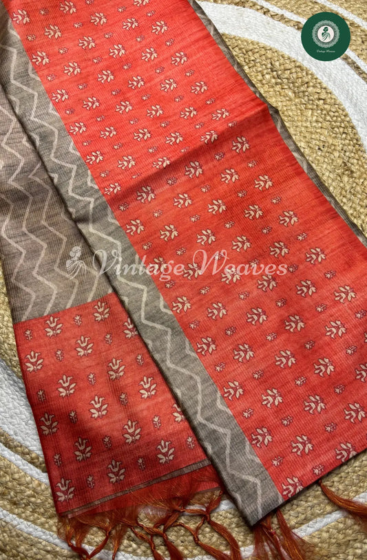 Semi Tusser ZigZag Floral Printed Saree-Cement with Red