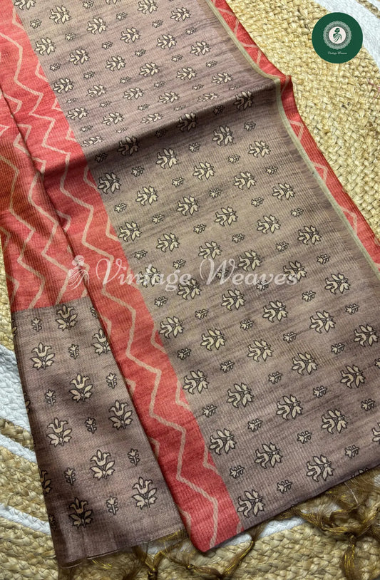 Semi Tusser ZigZag Floral Printed Saree-Red with Cement