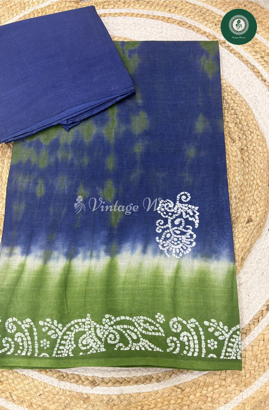 Shibori Printed Cotton Saree Flower-Blue