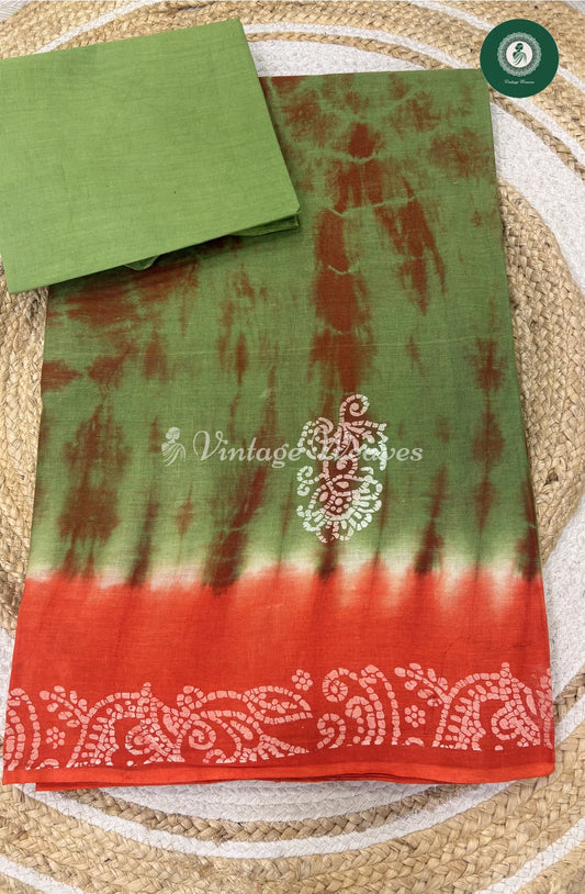Shibori Printed Cotton Saree Flower-Green